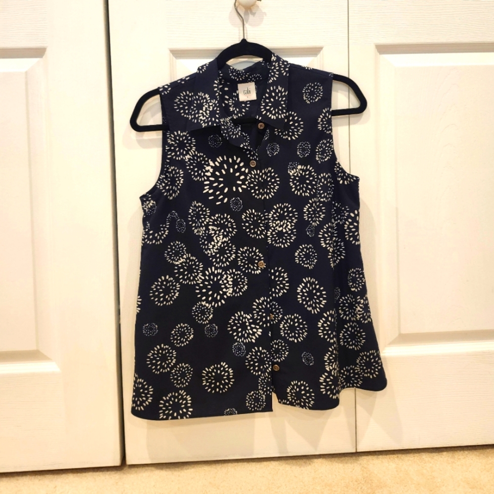 CAbi Navy White Dandelion Peplum Back- Button-up front Blouse Size Small